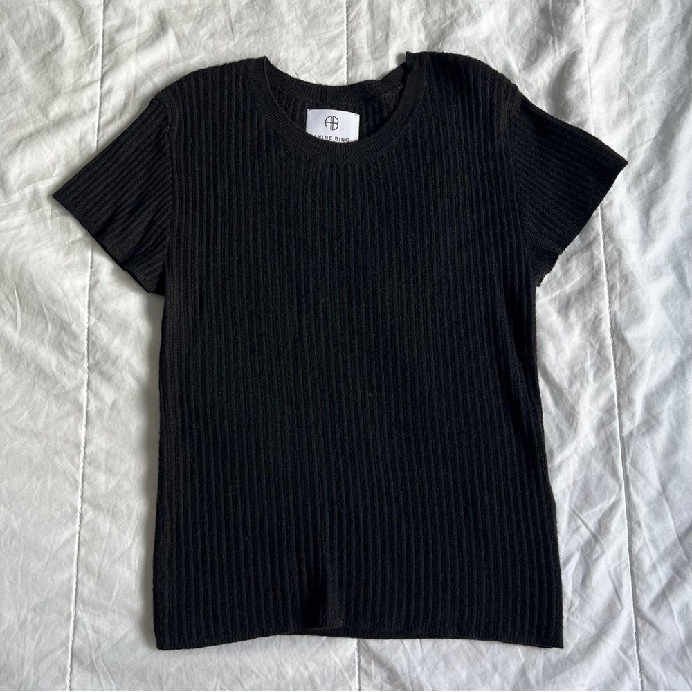 Anine Bing Black Ribbed Knit Top